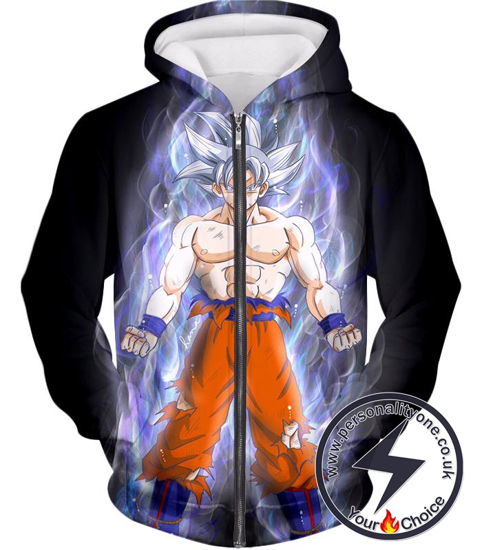 Dragon Ball Super Incredible Form Goku Super Saiyan White Cool Promo Black Zip Up Hoodie